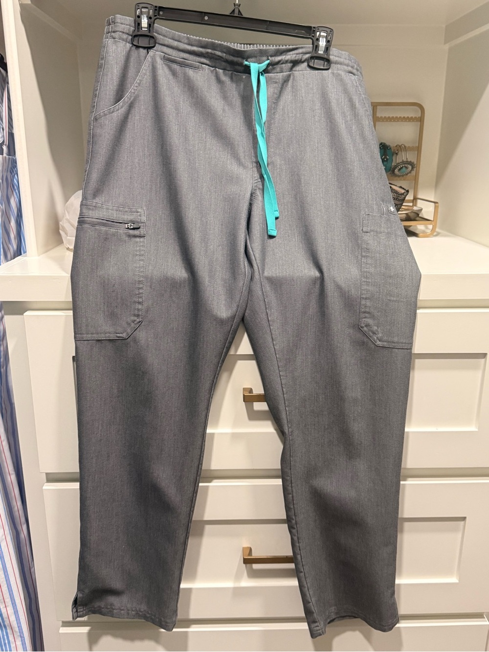 Figs Gray Cargo Pants with Teal Drawstring